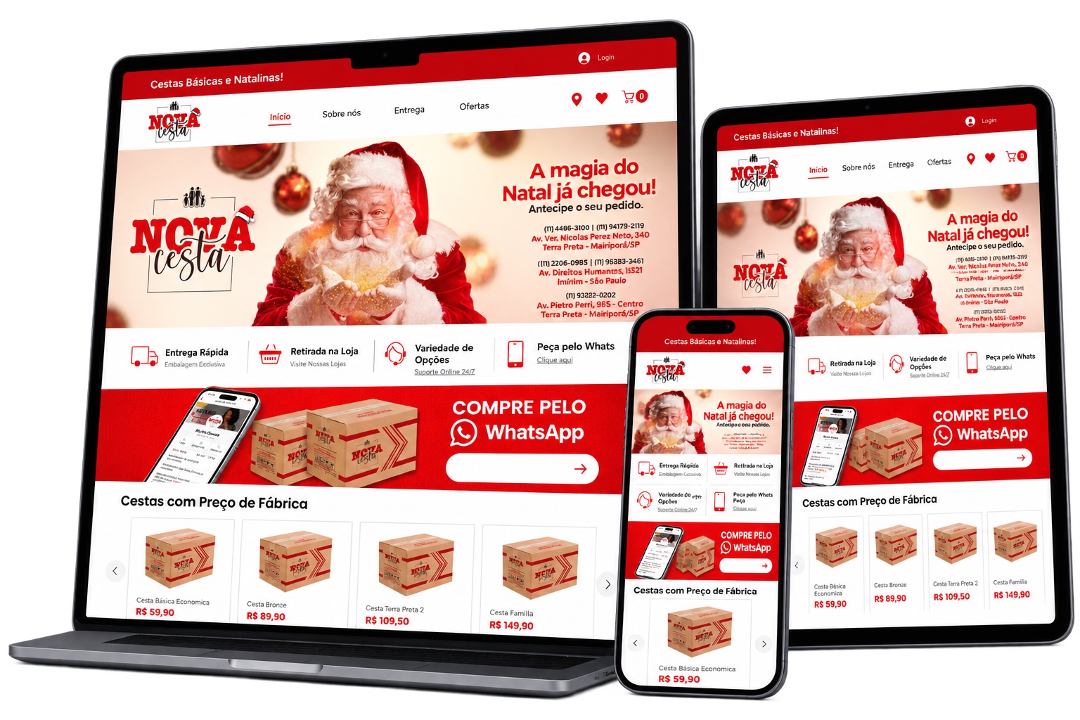 Mockup do site Nova Cesta desenvolvido pela FV em computador, tablet e celular