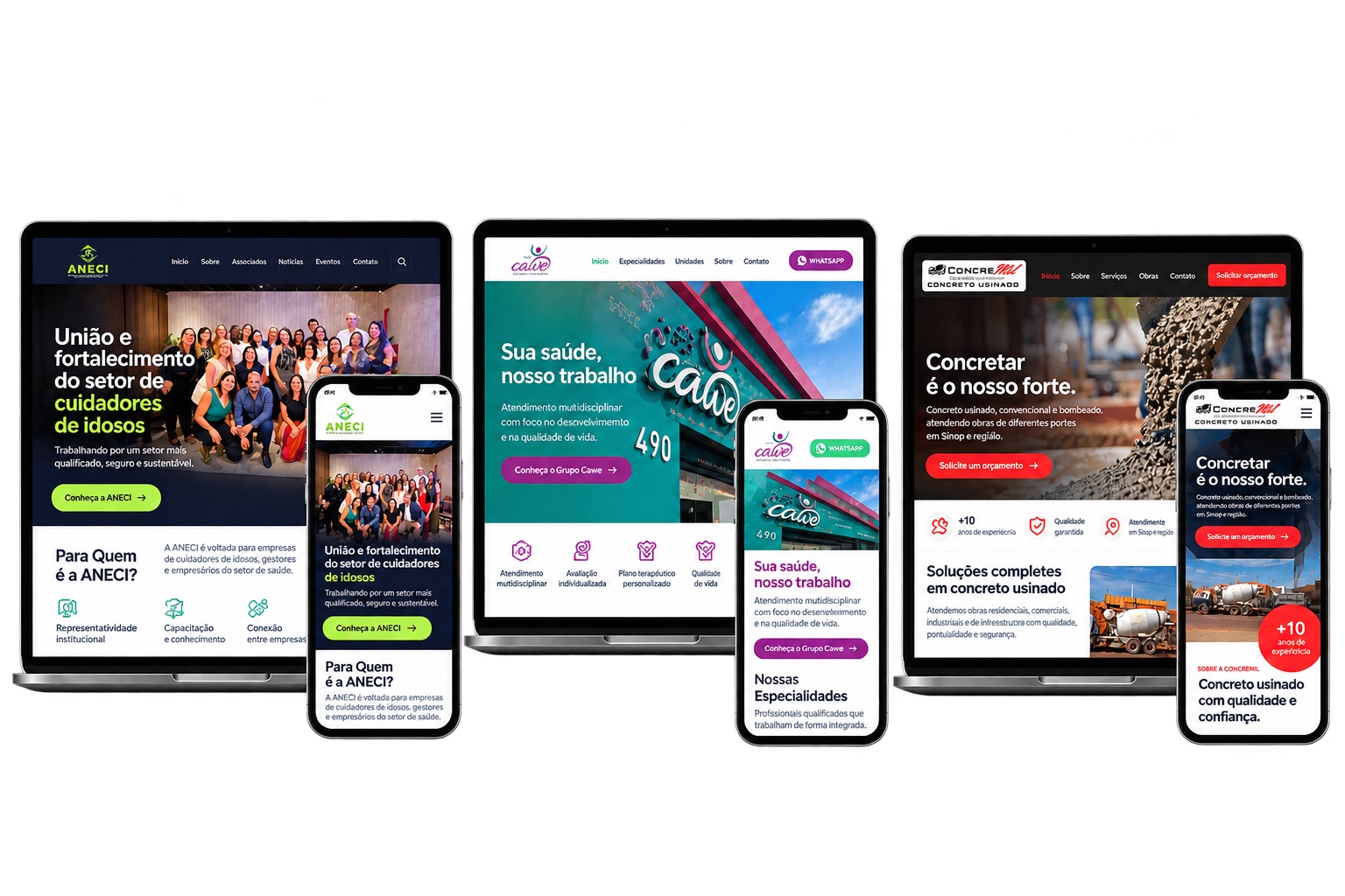 Mockups de sites desenvolvidos pela FV para ANECI, Grupo CAWE e Concremil em computadores e celulares